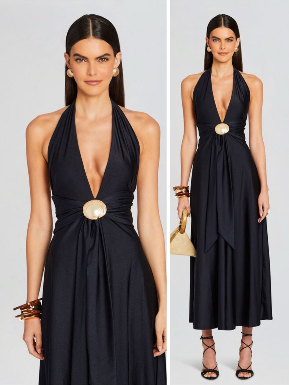NWT Shani Shemer Shelly Long Maxi Plunge Black Gold Dress Size Women’s XS